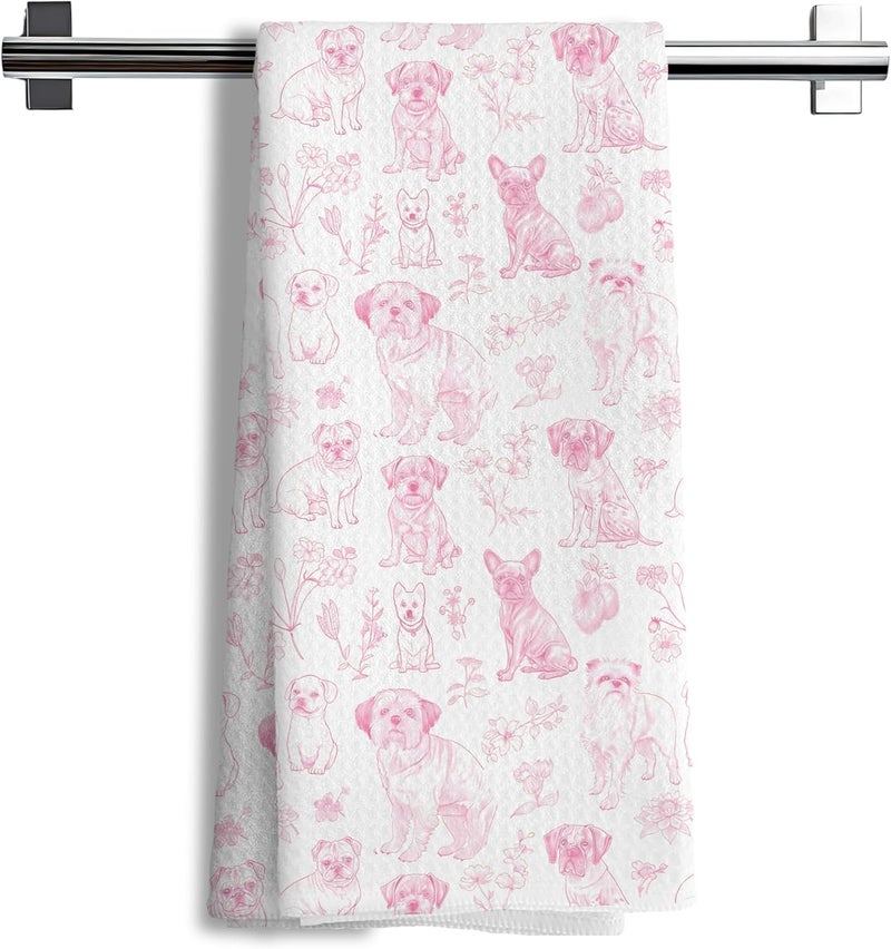 Nipil Pink Chinoiserie Dog Floral Decor Kitchen Towels，Dog Gifts for Kitchen Bathroom Decor,Pink Animal Print Grandmillennial Decorative Dish Tea Towels,16x24 Inch - Image 1